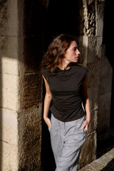 Greta Open Back Neck Tie Jersey Top in Black