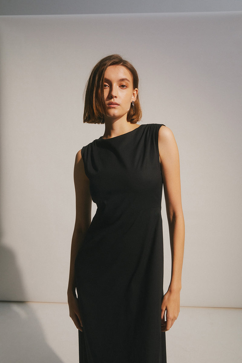 Aubrey Gathered Shoulder Midi Dress in Black