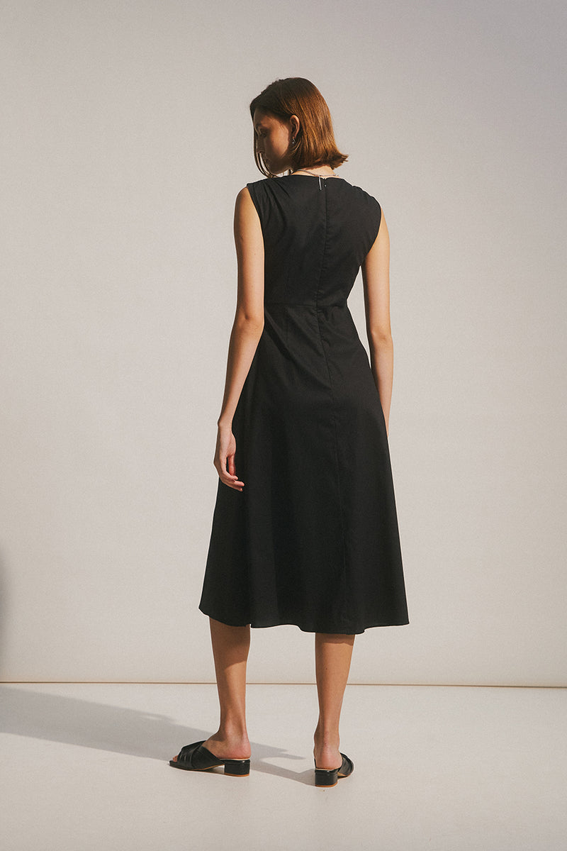 Aubrey Gathered Shoulder Midi Dress in Black