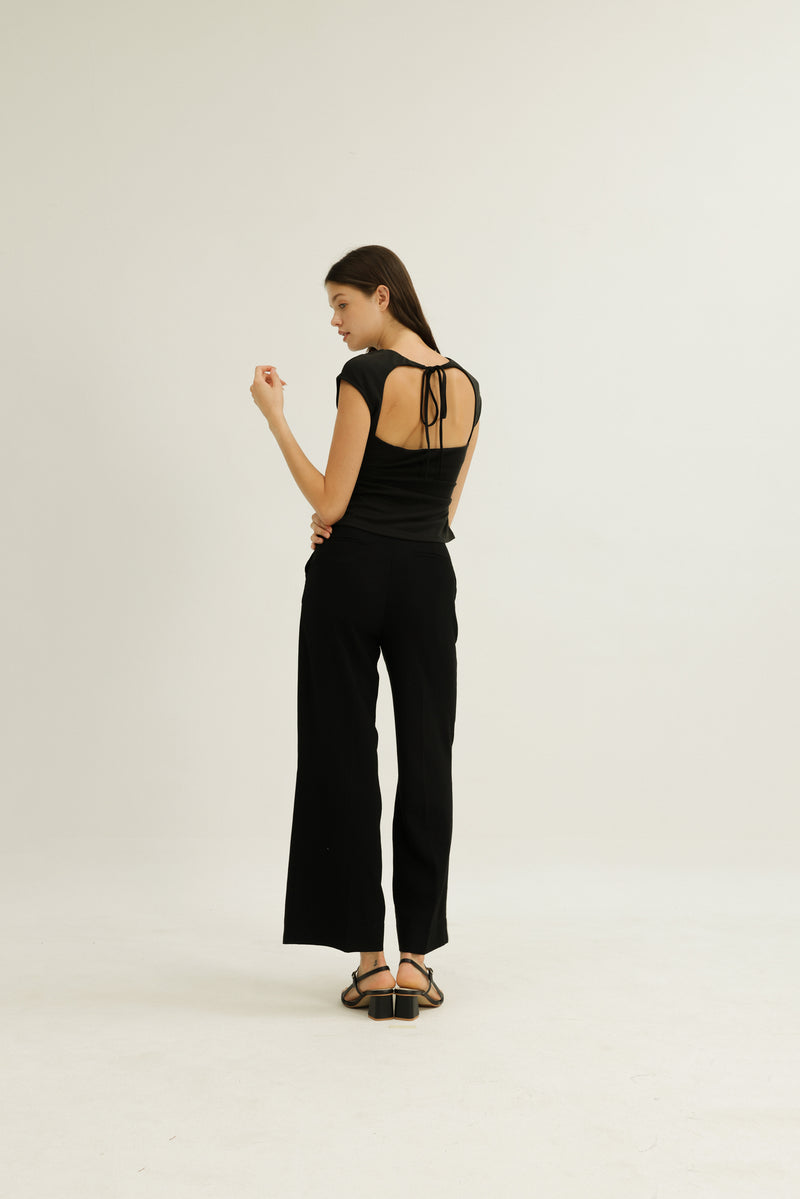 Greta Open Back Neck Tie Jersey Top in Black