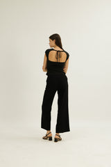Greta Open Back Neck Tie Jersey Top in Black