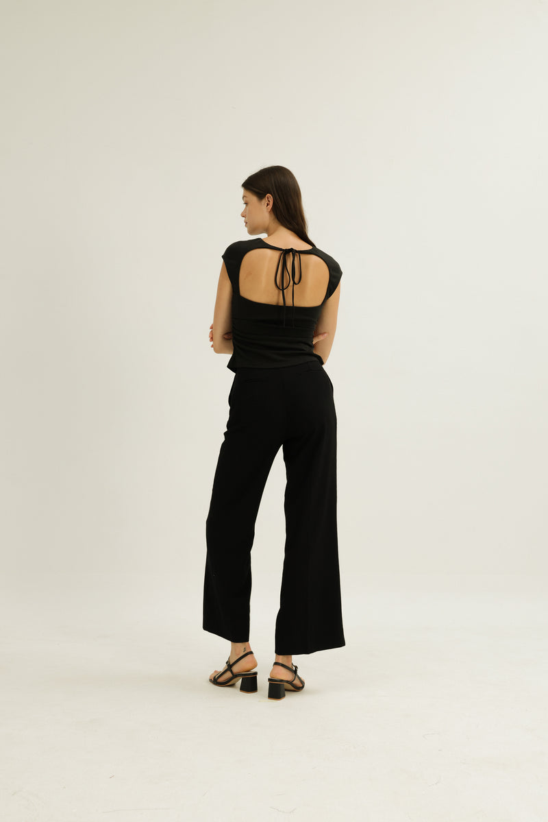 Greta Open Back Neck Tie Jersey Top in Black