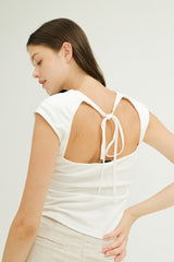 Greta Open Back Neck Tie Jersey Top in White