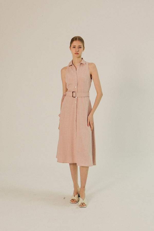 Delilah Open Collar Dress in Apricot Sripe