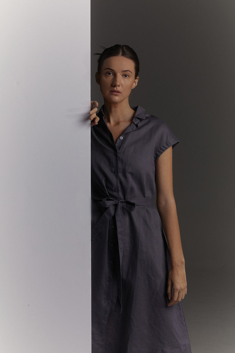 Elenor Gathered Linen Dress in Ash Blue