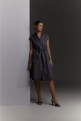 Elenor Gathered Linen Dress in Ash Blue