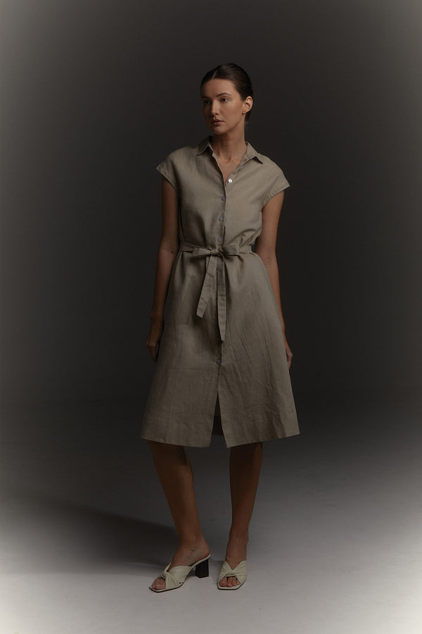 Elenor Gathered Linen Dress in Taupe
