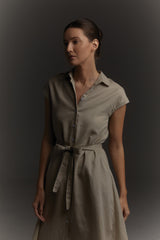 Elenor Gathered Linen Dress in Taupe