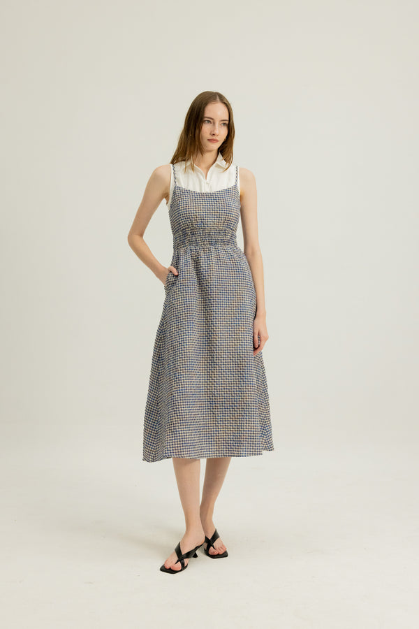Brooke Shirred Waist Dress in Blue Clay