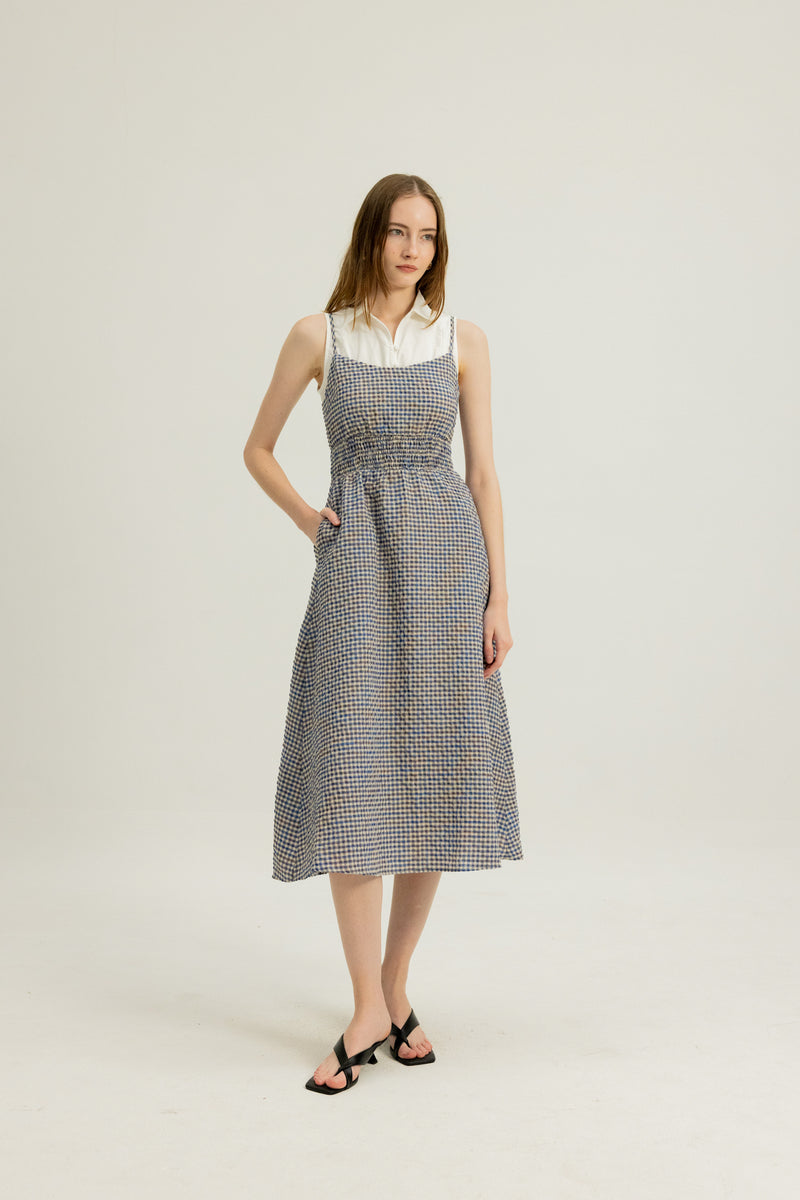 Brooke Shirred Waist Dress in Blue Clay