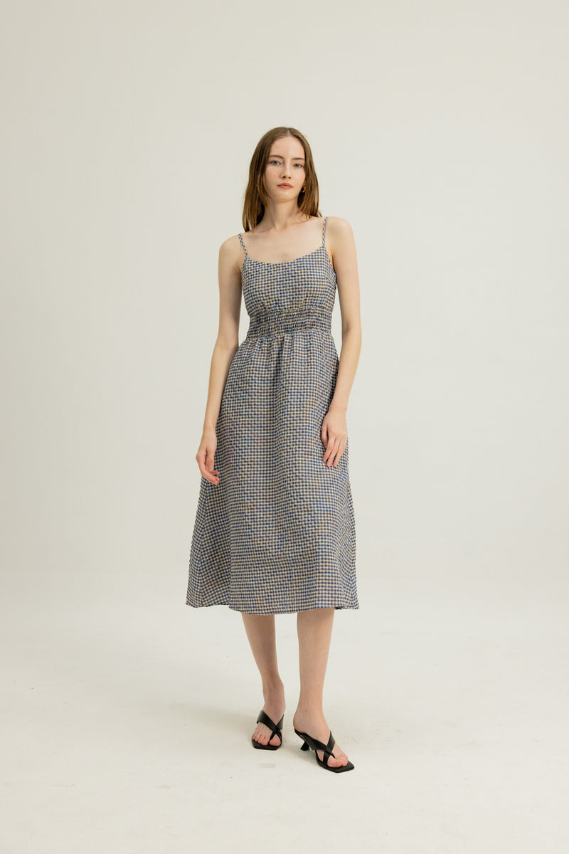 Brooke Shirred Waist Dress in Blue Clay
