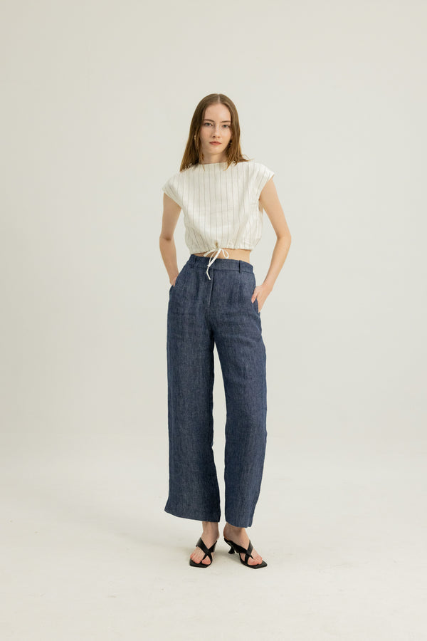 Gaia Waist Tie Top in White Stripe