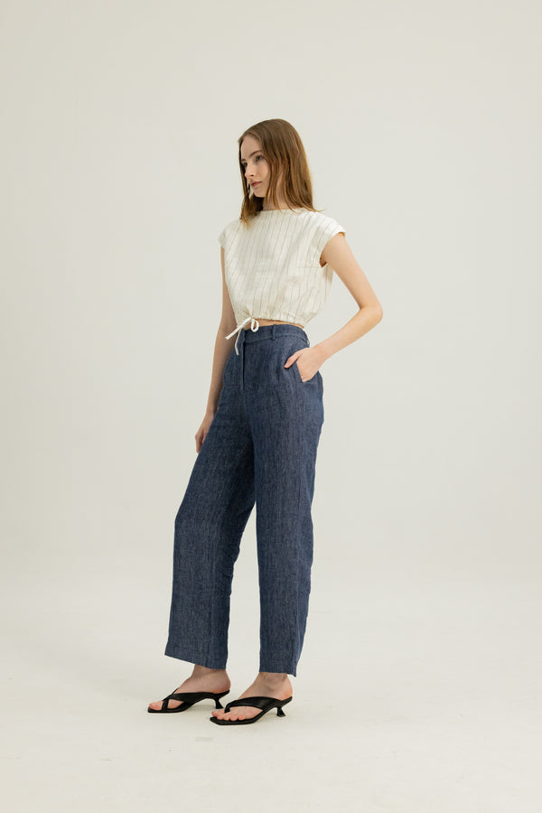 Gaia Waist Tie Top in White Stripe
