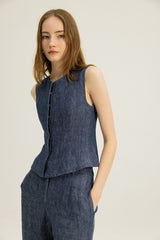 Arianna Button Top in Indigo Blue