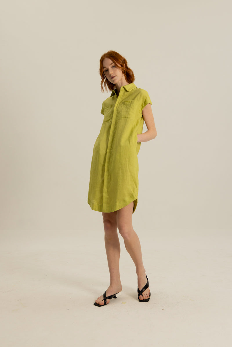 Oliver Double Pocket Linen Short Dress in Pear