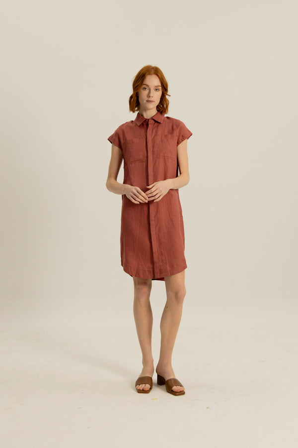 Oliver Double Pocket Linen Short Dress in Rose