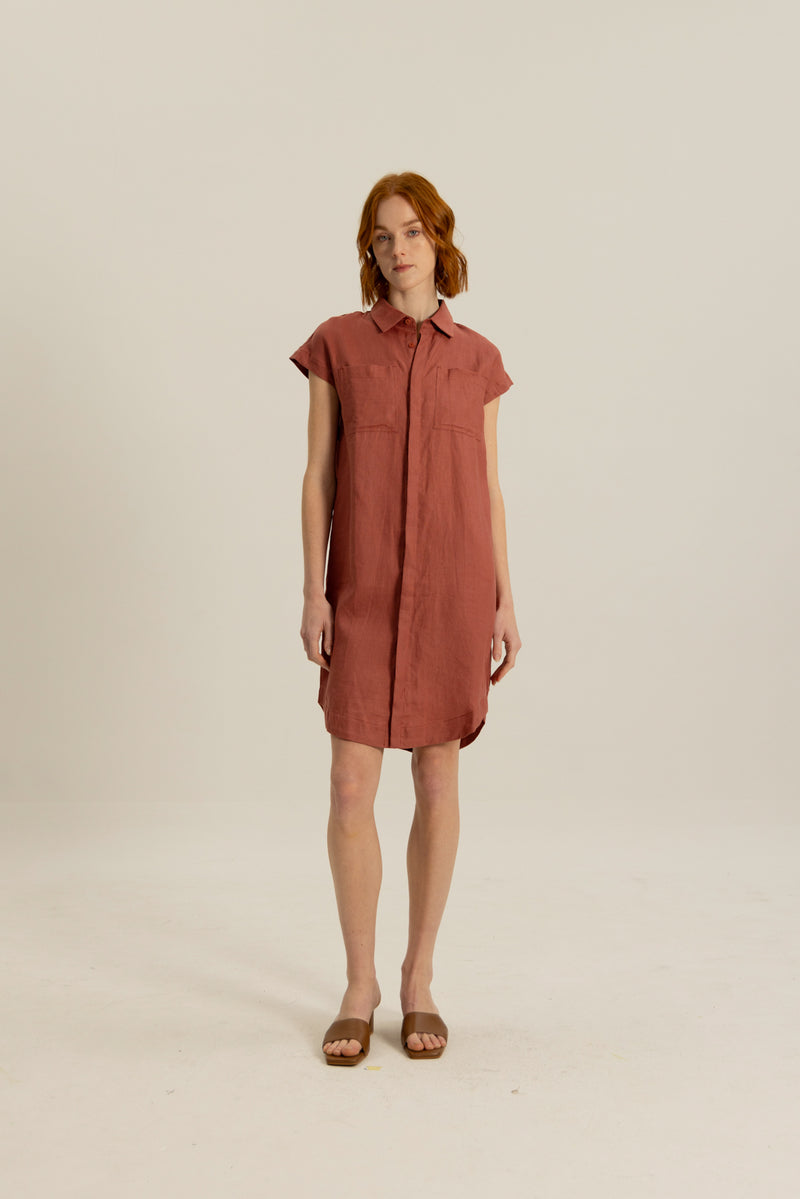 Oliver Double Pocket Linen Short Dress in Rose