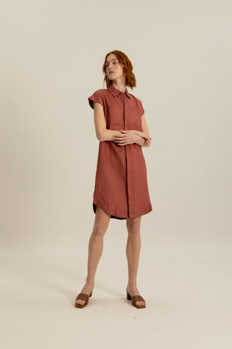 Oliver Double Pocket Linen Short Dress in Rose