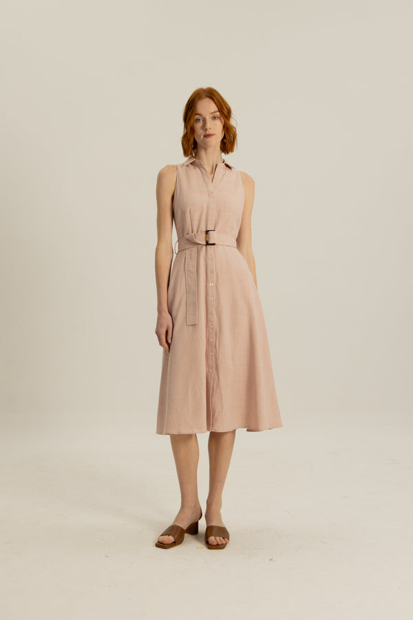 Delilah Open Collar Dress in Apricot Sripe