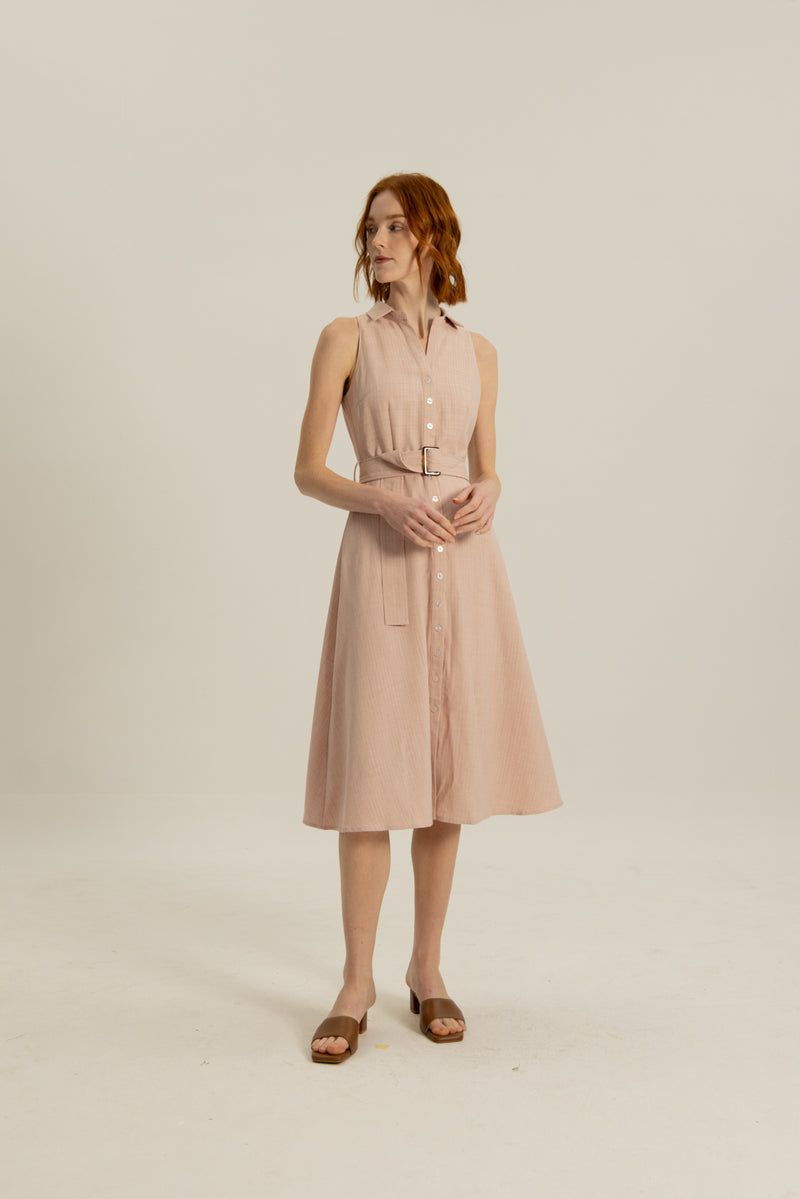 Delilah Open Collar Dress in Apricot Sripe