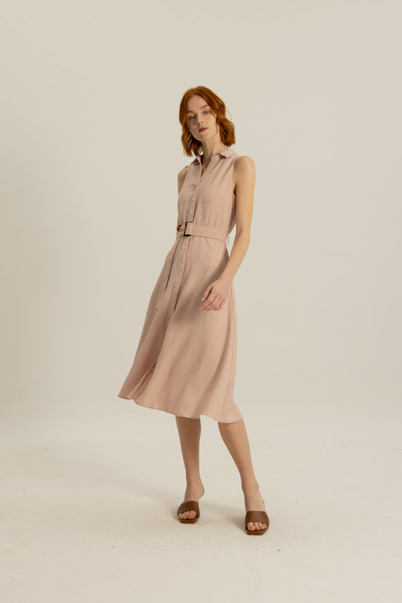 Delilah Open Collar Dress in Apricot Sripe