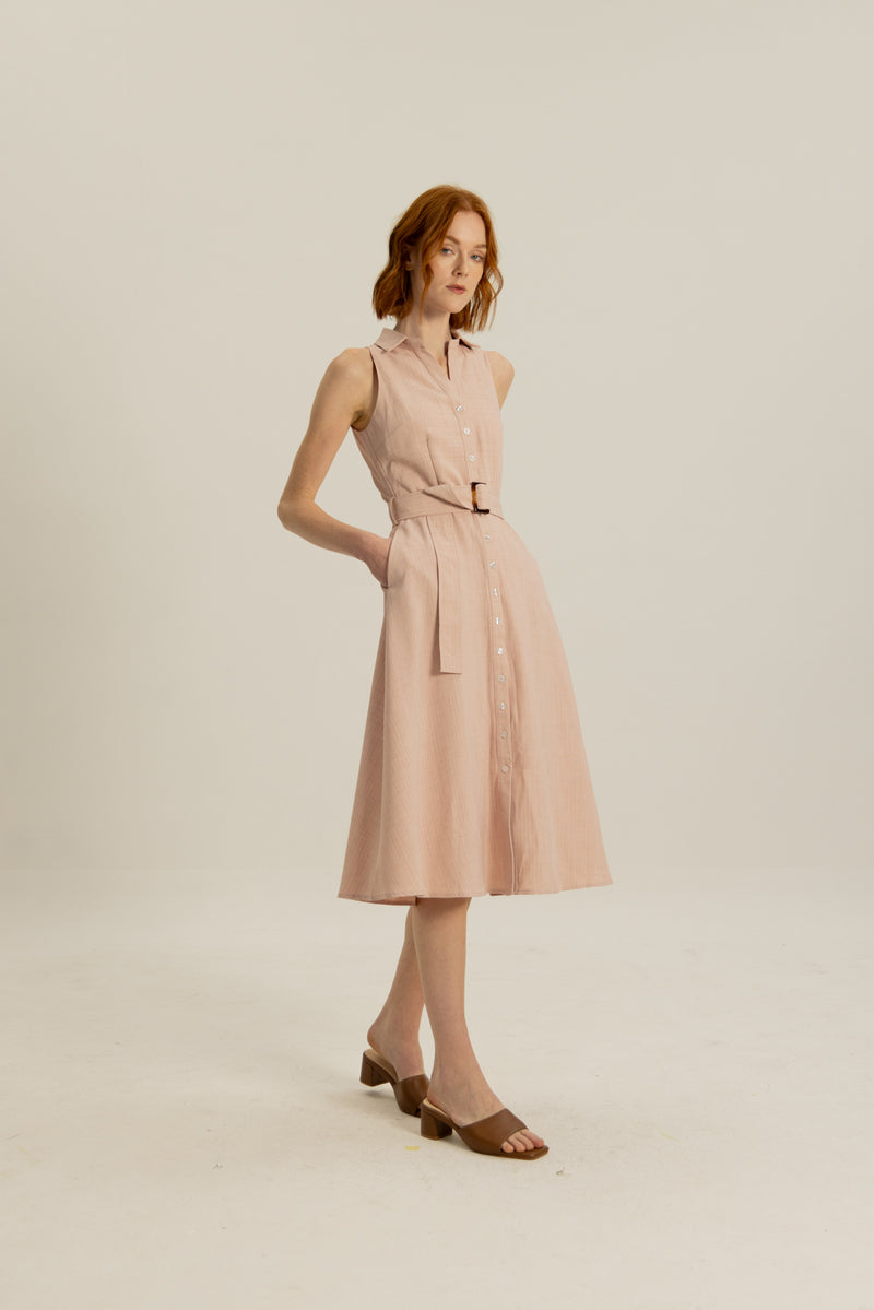 Delilah Open Collar Dress in Apricot Sripe