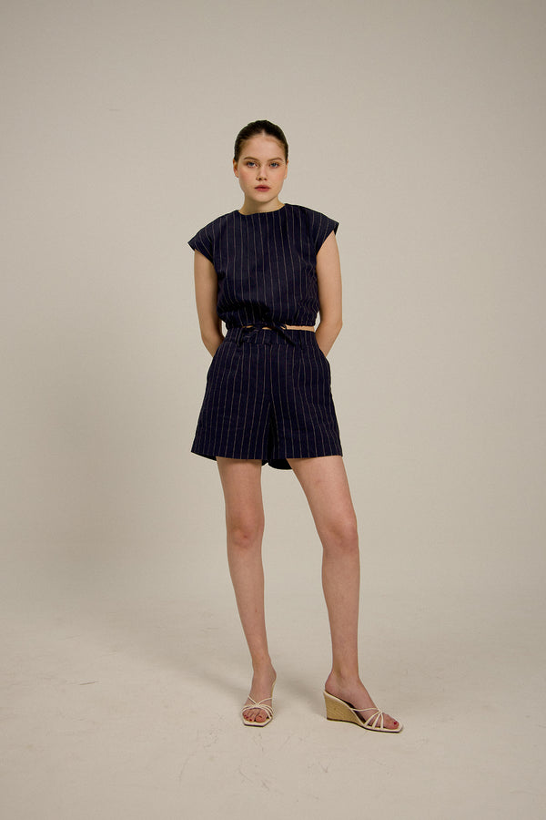 Gaia Waist Tie Top in Midnight Stripe