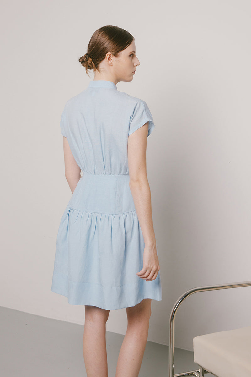 Marnie Mandarin Collar Short Dress in Sky Gnue Marnie Mandarin Collar Short Dress in Sky Gnue