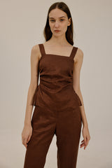 Mia Shirred Back Linen Top in Walnut