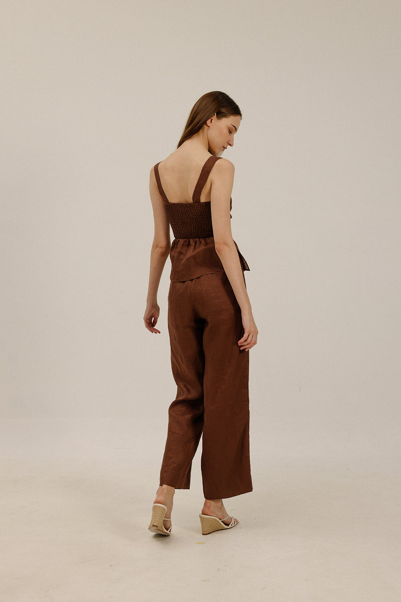 Mia Shirred Back Linen Top in Walnut