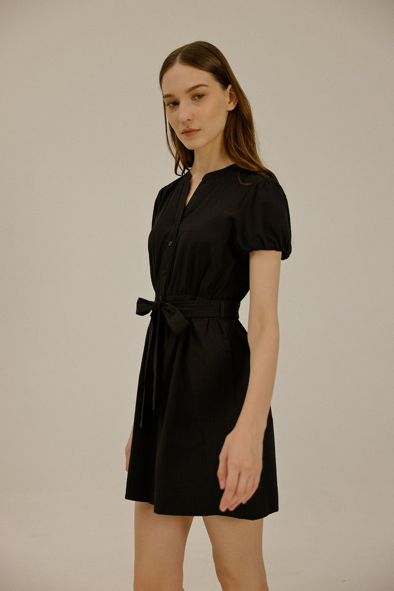 Paige Puff Sleeve Cotton Dress in Black