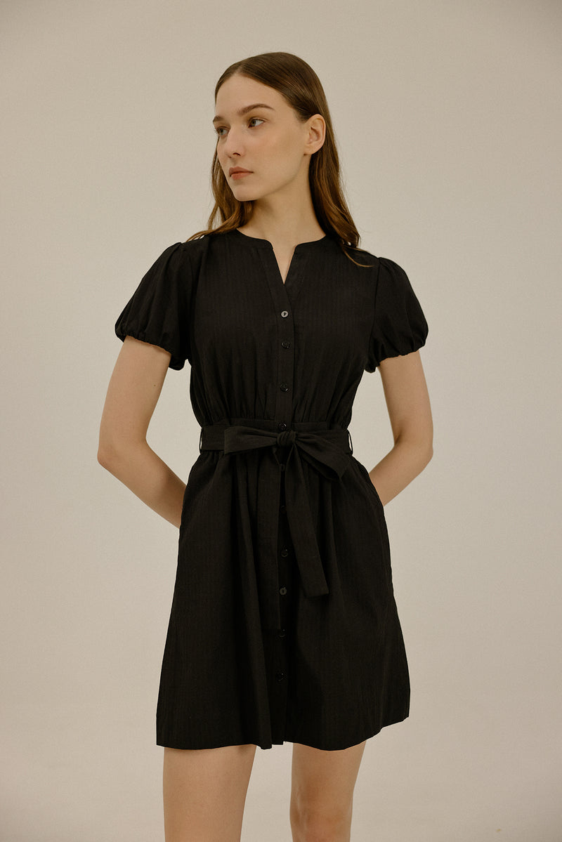 Paige Puff Sleeve Cotton Dress in Black