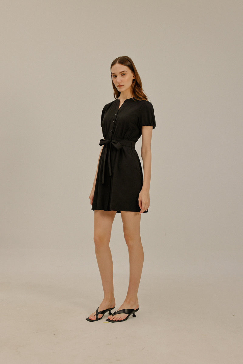 Paige Puff Sleeve Cotton Dress in Black