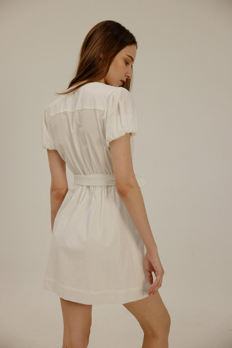 Paige Puff Sleeve Cotton Dress in White