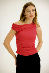 Viktoria One Shoulder Jersey Top in Poppy Red