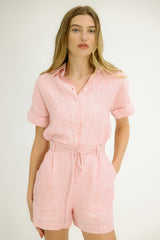 Viola Sleeved Romper in Pink Stripe