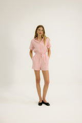 Viola Sleeved Romper in Pink Stripe