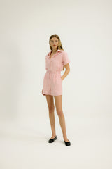 Viola Sleeved Romper in Pink Stripe