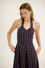 Thyme Halter Dress in Raisin Plaid