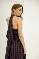 Thyme Halter Dress in Raisin Plaid