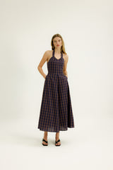 Thyme Halter Dress in Raisin Plaid
