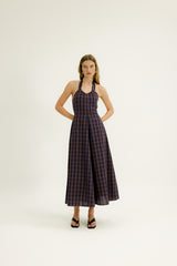 Thyme Halter Dress in Raisin Plaid