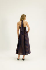 Thyme Halter Dress in Raisin Plaid