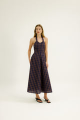 Thyme Halter Dress in Raisin Plaid