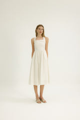 Rebecca Square Neck Dress in Taupe Stripe