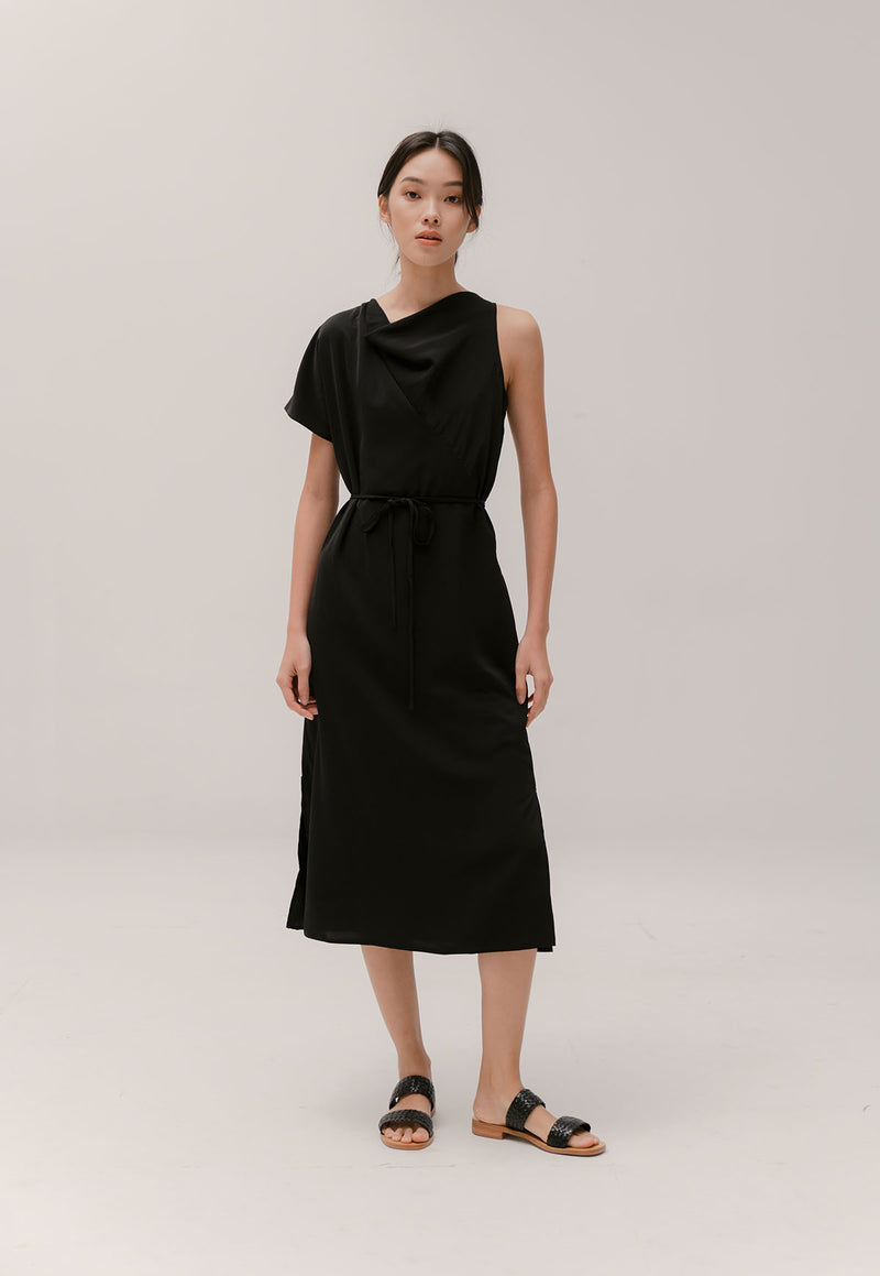 Chloe Drape Neck Asymmetrical Dress in Black Gnue Chloe Drape Neck Asymmetrical Dress in Black Gnue