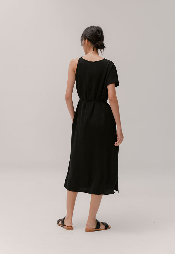 Chloe Drape Neck Asymmetrical Dress in Black