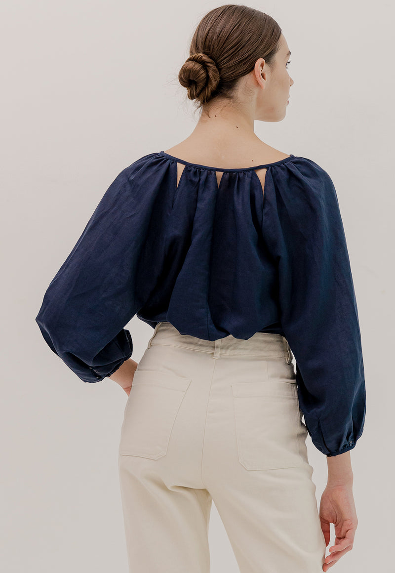 Camille Linen Blouse in Navy